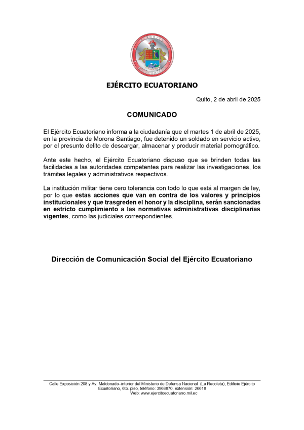COMUNICADO EJÉRCITO MILITAR DETENIDO