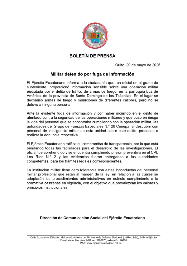 BOLETÍN EJÉRCITO MILITAR DETENIDO EN LOS RÍOS