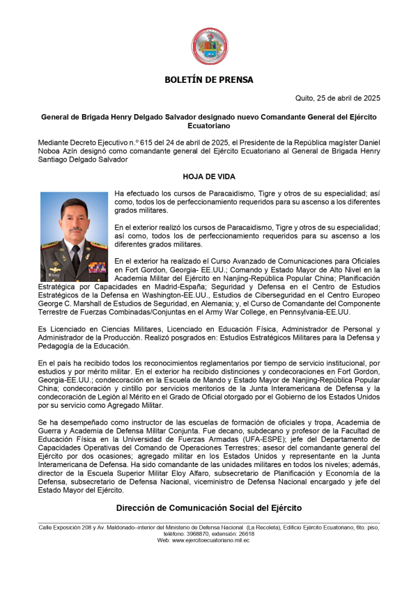 BOLETÍN NUEVO COMANDANTE DEL EJÉRCITO