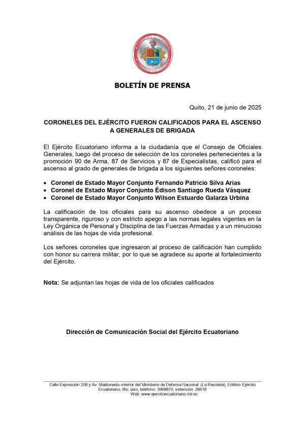BOLETÍN DE PRENSA ASCENSO A GENERALES DE BRIGADA